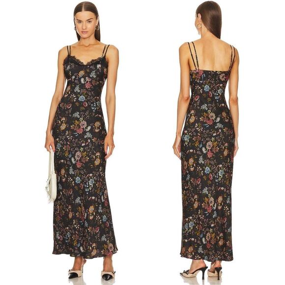 Veronica Beard Bixie Maxi Dress Black Floral Silk Blend Size 14 Lace Trim Bust - Picture 1 of 16